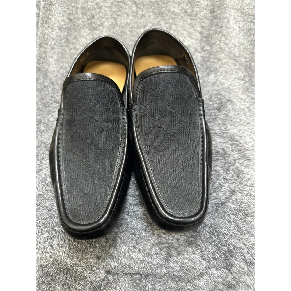 Gucci Mens Black GG Canvas Leather Loafers Drivers Shoes Size 6.5‎ D Made Italy